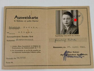 Studentenausweis TH Hannover, 27.04.1944, gebraucht, DIN A6