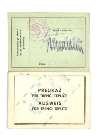 Zwei Betriebsausweise für Skoda-Werke Teplitz/Teplice, 04.01.1945 unter deutscher Besatzung, gebraucht,
