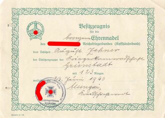 NS-Reichskriegerbund "Kyffhäuserbund", Besitzzeugnis  für die Bronzene Ehrennadel, Frankenthal/Grünstadt, 23.06.1940, gebraucht DIN A5