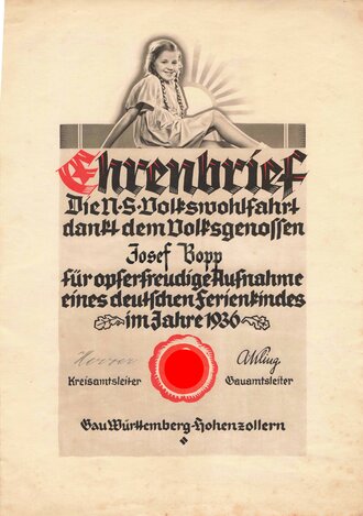 NSV, Ehrenbrief für die Aufnahme eines Ferienkindes 1936, Gau Württemberg-Hohenzollern, gebraucht, DIN A4