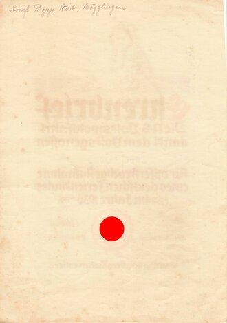 NSV, Ehrenbrief für die Aufnahme eines Ferienkindes 1936, Gau Württemberg-Hohenzollern, gebraucht, DIN A4