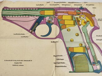 Lehrtafel/Technischer Plan/Schema, Pistole Mauser HSc, Ausgabe 1942, Eisenschmidt Verlag Berlin, ca. 45 x 63 cm, stark gebraucht