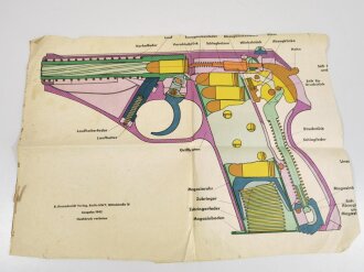Lehrtafel/Technischer Plan/Schema, Pistole Mauser HSc, Ausgabe 1942, Eisenschmidt Verlag Berlin, ca. 45 x 63 cm, stark gebraucht