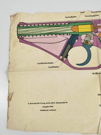 Lehrtafel/Technischer Plan/Schema, Pistole Mauser HSc, Ausgabe 1942, Eisenschmidt Verlag Berlin, ca. 45 x 63 cm, stark gebraucht