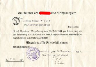 Verleihungsurkunde "Ehrenkreuz für Kriegsteilnehmer", Mannheim 24.11.1934, gebraucht, DIN A5