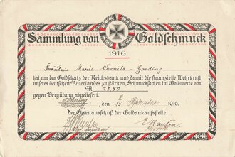 1. Weltkrieg, Urkunde über Sammlung von Goldschmuck, 8. September 1916, gebraucht DIN A5