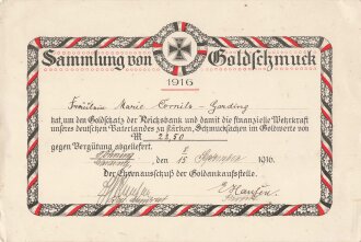 1. Weltkrieg, Urkunde über Sammlung von Goldschmuck,...