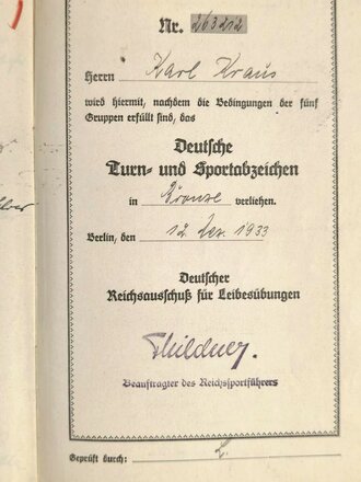 DRL Deutscher Reichsausschuss für Leibesübungen, Leistungsbuch "Deutsches Turn- und Sportabzeichen", Ansbach, 14 Seiten, 20.10.1933, gebraucht, DIN A5
