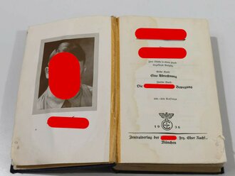 Adolf Hitler " Mein Kampf" blaue Ganzleinenausgabe von 1936 mit Widmung " Dem treuen Kämpfer des Führers zum Gautag 1937"   Wasserschaden