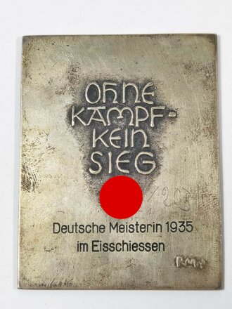 "Deutsche Meisterin 1935 im Eisschiessen"  versilberte Plakette 5 x 7cm