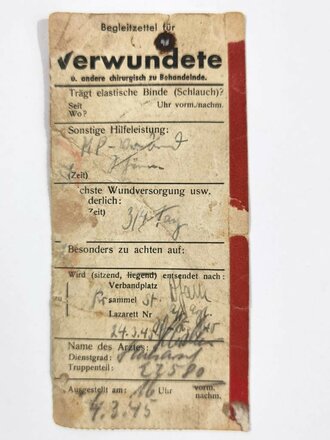 Begleitzettel für Verwundete, ausgestellt am 24.3.45