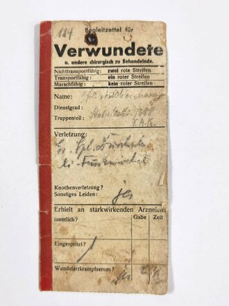 Begleitzettel für Verwundete, ausgestellt am 24.3.45