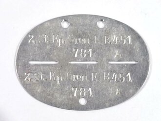 Erkennungsmarke Aluminium eines Angehörigen "Grenadier Ersatz Batl. 451"