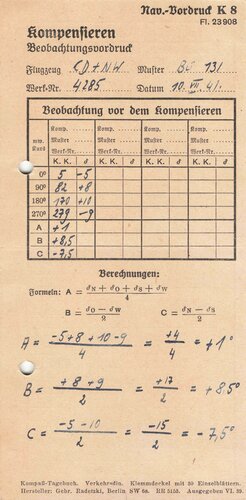 Luftwaffe Navigations Vordruck K8, Fl 23908 " Kompensieren Beobachtungsvordruck"