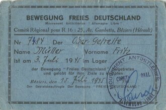 Ausweis eines Obergefreiten für Mitgliedschaft i.d. "Bewegung Freies Deutschland", Kriegsgefangenenlager Béziers, Frankreich, 15.07.1945, ca. 8 x 12 cm, gebraucht