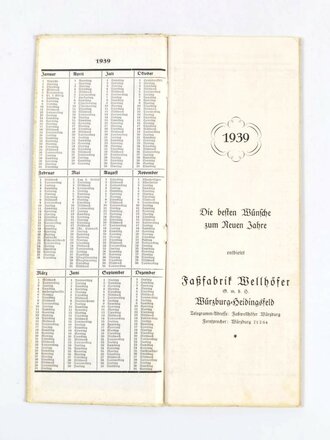 "Terminkalender 1939", hrsg. v. Faßfabrik Wellhöfer, Würzburg Heidingsfeld, ca. 29,5 x 10,5 cm, gebraucht