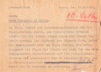 Bahn, Mitteilung Personalbüro über Teilnahmegesuch am "Kameradschaftsabend des Vbf",Verschiebebahnhof AB-Mitte, Posen, 19.08.1942, ca. 10,5 x 15 cm, gebraucht