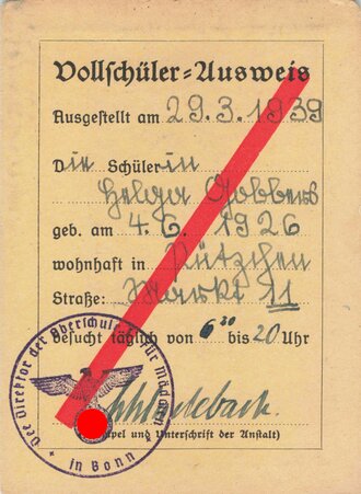 "Vollschülerausweis", Bonn, 1939