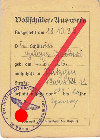 Vollschülerausweis, Bonn, 1939