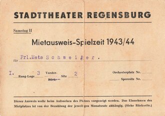 Stadttheater Regensburg, Mietausweis-Spielzeit 1943/44, ca. 11 x 15 cm, gebraucht