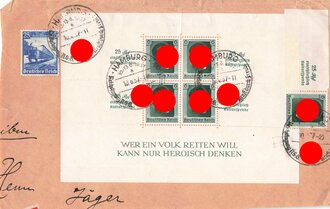 "Wer ein Volk retten will kann nur heroisch denken", Teil eines Briefumschlag, NSDAP Reichstagung Hamburg, Juni 1937, gelaufen