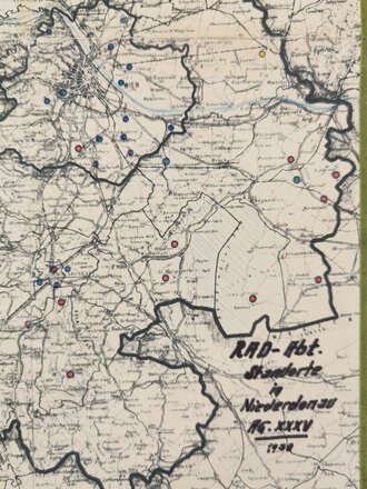 RAD, Standortkarte des Arbeitsgau XXXV "Niederdonau", 1938, ca. 42 x 45  cm, gebraucht