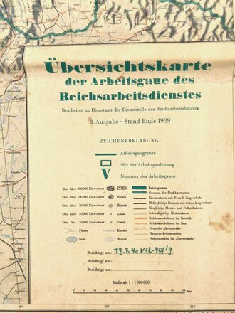 RAD, Übersichtskarte der Arbeutsgaue des Reichsarbeitsdienst, 3. Ausg. Stand Ende 1939, 1: 1.000.000, ca. 102 x 135 cm, gebraucht