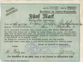 "Anteilsschein zur 6. Kriegsanleihe" 1917,...