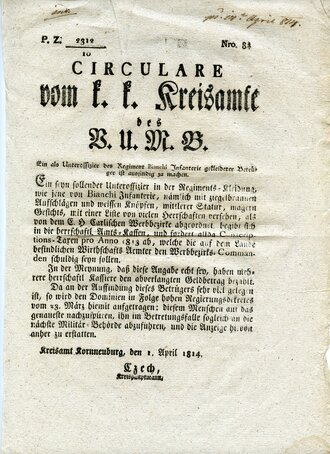 Österreich-Ungarn 1814 "Circulare vom K.K. Kreisamte": Suche nach einem Betrüger in der Offiziersuniform des "Regiment Bianchi Infanterie", Korneuburg/Österreich, ca. DIN A4, gebraucht