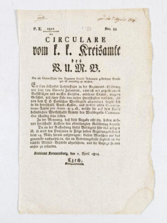 Österreich-Ungarn 1814 "Circulare vom K.K. Kreisamte": Suche nach einem Betrüger in der Offiziersuniform des "Regiment Bianchi Infanterie", Korneuburg/Österreich, ca. DIN A4, gebraucht