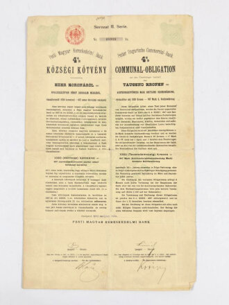 Österreich-Ungarn, "Communal-Obligation/Pester Ungarische Commercial-Bank", Budapest, 1909, Faltblatt, ca. 42 x 26 cm, gebraucht, mehrfach gefaltet