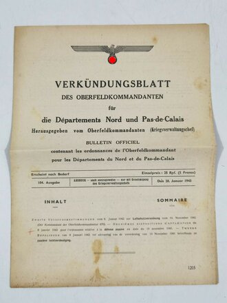 2. Weltkrieg, Besetzte Zone/Nordzone "Verkündungsblatt des Oberkommandanten", Luftschutzverordnung für die Départements Nord und Pas-de-Calais, gez. Generalmajor Daser, Faltblatt, dreisprachig,  20.01.1943, DIN A4, gebraucht