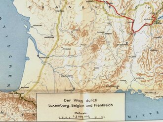 2. Weltkrieg, Karte "Vormarsch- und Kampfgebiet der Gebirgsdivision in Luxemburg, Belgien und Frankreich", 1940, 73 x 69 cm, sehr guter gebrauchter Zustand