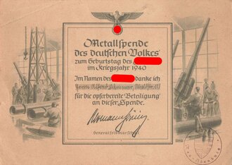 2. Weltkrieg, Dankeskarte "Metallspende des Deutschen Volkes" zum Geburtstag des Führers 1940, gez. Generalfeldmarschall Hermann Göring, Neu-Isenburg, DIN A5, gebraucht