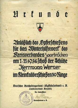 Deutscher Reichskriegerbund (Kyffhäuserbund), "Urkunde anläßlich des Opferschießens für das Winterhilfswerk", Kreisverband Saarbrücken, 1.11. 1936, 34 x 24 cm, gebraucht