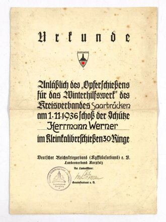 Deutscher Reichskriegerbund (Kyffhäuserbund), "Urkunde anläßlich des Opferschießens für das Winterhilfswerk", Kreisverband Saarbrücken, 1.11. 1936, 34 x 24 cm, gebraucht