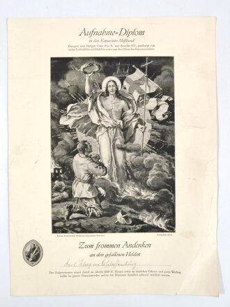 1. Weltkrieg "Aufnahme-Diplom in den Kapuziner-Meßbund zum frommen Andenken an den Gefallenen ...", ca. 23,5 x 32, gebraucht