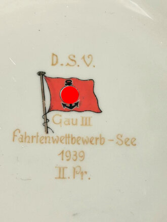 Deutscher Segler Verband, Porzellanteller als II.Preis im Fahrtenwettbewerb  See 1939. Unbeschädigtes Stück, Durchmesser 30cm