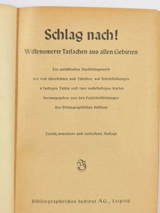 "Schlag nach! Wissenswerte Tatsachen aus allen Gebieten", 2. Auflage, 704 Seiten, 1939, 18,5 x 13 x 3 cm, gebraucht