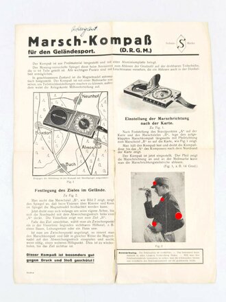 Werbeblatt "Der Marsch-Kompaß für den Geländesport", 1940er?, DIN A4, gebraucht, mehrfach gefaltet und eingerissen