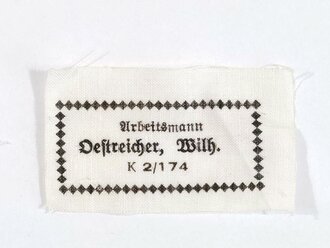 RAD, Wäscheetikett für einen Arbeitsmann, ca. 3,5 x 6 cm, Textil, neuwertig