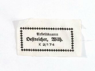 RAD, Wäscheetikett für einen Arbeitsmann, ca. 3,5 x 6 cm, Textil, neuwertig