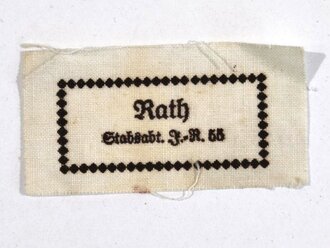 1. Weltkrieg/Infanterie-Regiment „Graf Bülow von Dennewitz“ (6. Westfälisches) Nr. 55? Wäscheetikett für einen Angehörigen der "Stabsabt. I.-R. 55", ca. 3,5 x 6 cm, Textil, neuwertig