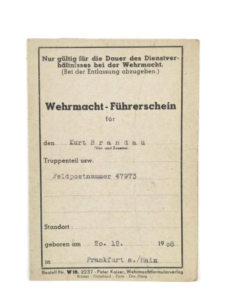 Wehrmacht Führerschein, Frankfurt am Main, 25.7.1942, 10,5 x 14,5 cm, gebraucht