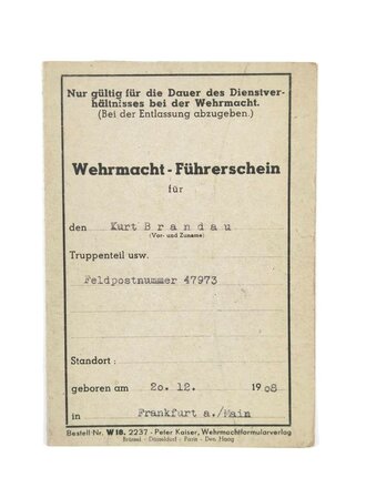 Wehrmacht Führerschein, Frankfurt am Main, 25.7.1942, 10,5 x 14,5 cm, gebraucht