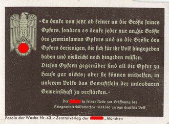 Parole der Woche Nr. 43, "Der Führer in seiner Rede zur Eröffnung des Kriegswinterhilswerkes 1939/40", Zentralverlag der NSDAP, 7,5 x 10 cm, um 1940, gebraucht