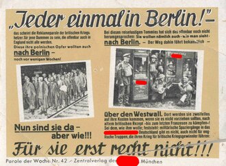 Parole der Woche Nr. 42, "Jeder einmal in Berlin! - Für sie erst recht nicht!!!", Zentralverlag der NSDAP, 7,5 x 10 cm, um 1940, gebraucht