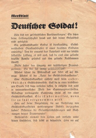 Merkblatt "Deutscher Soldat! - Geschlechtskrankheiten", Oberkommando des Heeres, Berlin, 15.8.1938, DIN A5, gebraucht