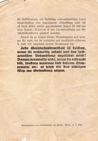 Merkblatt "Deutscher Soldat! - Geschlechtskrankheiten", Oberkommando des Heeres, Berlin, 15.8.1938, DIN A5, gebraucht