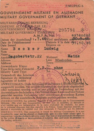 Deutschland nach 1945, Passierschein für die Amerikanische/Französische Zone, Mayen/Wiesbaden/Rheinhessen, 11.7.1946, gebraucht